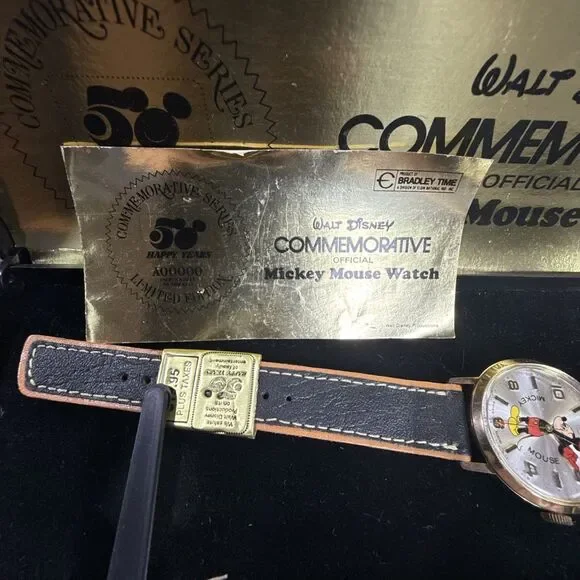 NICE! Bradley 50th Anniversary Mickey Mouse Round Gold Black Leather Watch J1975